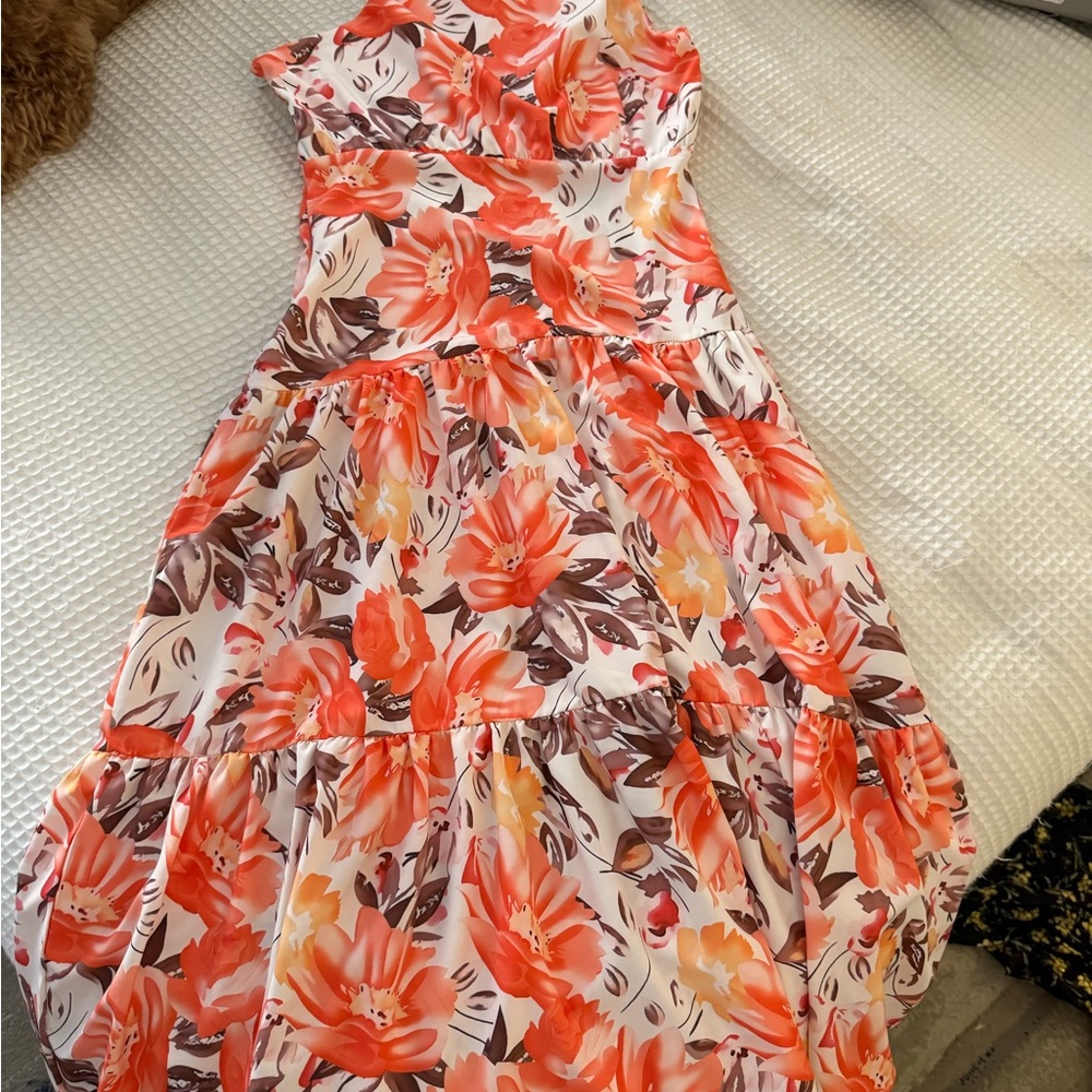 Moonsea Vibrant Floral Dress with Orange and Brown Accents